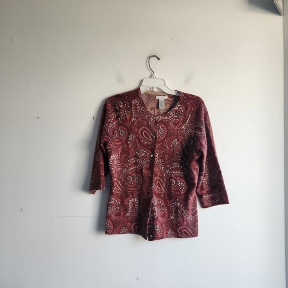 Tweeds Women Red Pasley Lamb Wool/Angora 3/4 Sleeves Cardigan size XL Petite - Picture 2 of 6